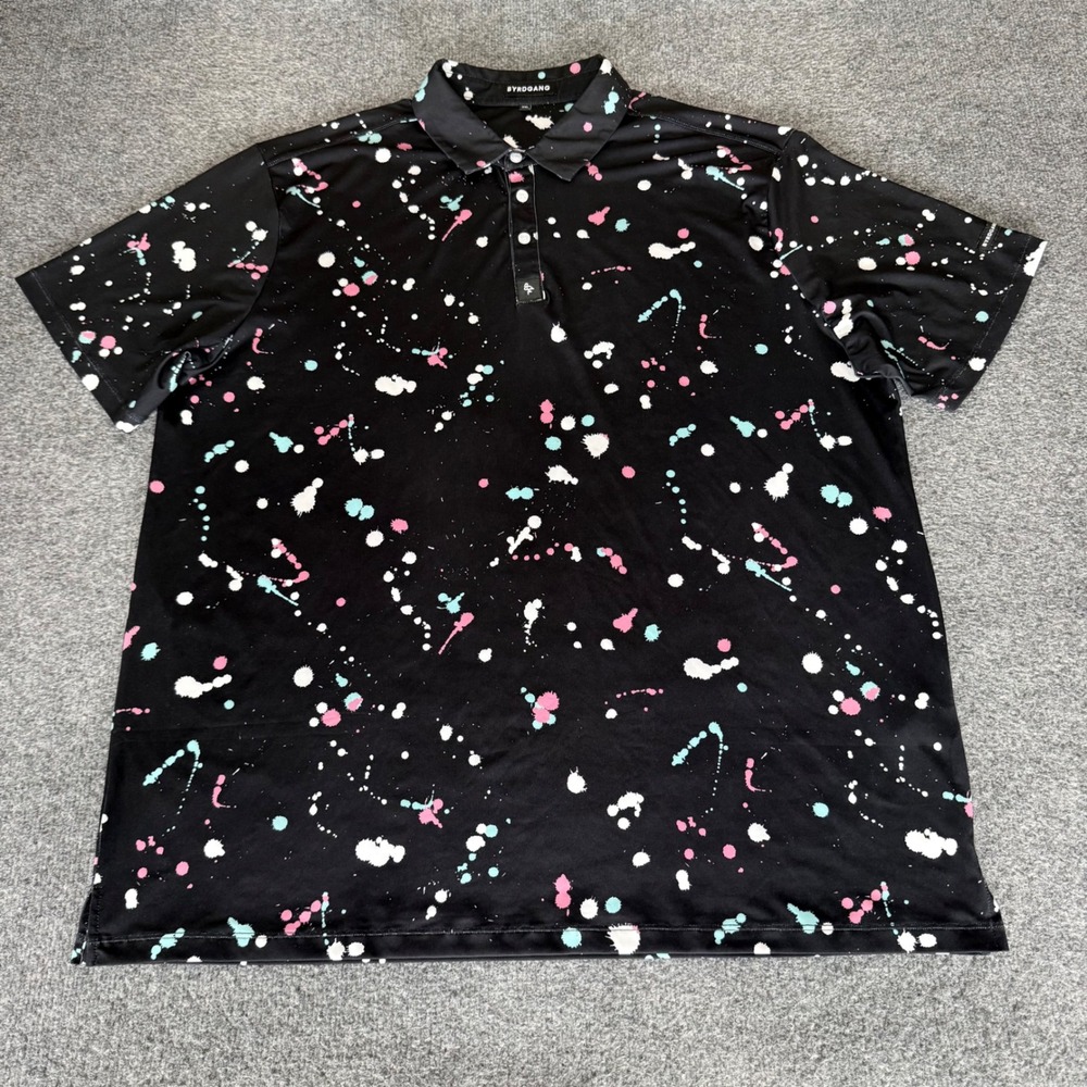 Byrdgang Mens 2XL‎ Black Paint Splatter Performance Polo Shirt Short Sleeve Top